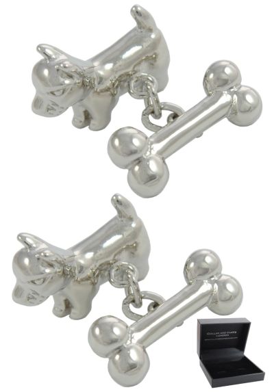 PREMIUM Cufflinks WITH PRESENTATION GIFT BOX - High Quality - Dog and Bone - Brass - Animal Pet Walking - Silver Colour