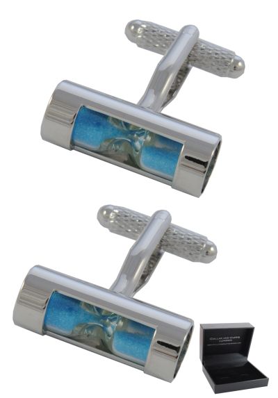 PREMIUM Cufflinks WITH PRESENTATION GIFT BOX - High Quality - Hour Glass - Brass - Egg Timer Sand Time Measure - Blue Colour