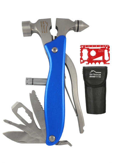 DIY TECH UK - 16 in 1 Emergency Hammer Multi Tool + Free 48 in 1 Wallet Tool - Extra Strong High Carbon Stainless Steel - Pliers, Wire Cutter, Bottle Opener, Knife, Saw, Torch, Screwdrivers with Pouch