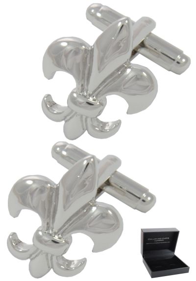 PREMIUM Cufflinks WITH PRESENTATION GIFT BOX - High Quality - Fleur De Lis - Brass - Lys Symbol St Joseph France French Heraldry - Coat of Arms - Silver Colour
