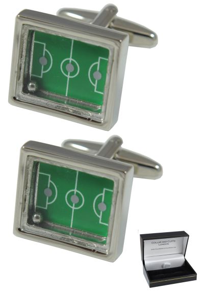 PREMIUM Cufflinks WITH PRESENTATION GIFT BOX - High Quality - Football Pitch With Moving Ball - Brass - Rectangle Sports Fans Match Soccer Game - Silver and Green Colour