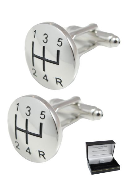 PREMIUM Cufflinks WITH PRESENTATION GIFT BOX - High Quality - Gear Stick With A Domed Face - Perfect For Car Lovers - Brass - Men's Cufflinks - Silver Colour - Round Gear Knob
