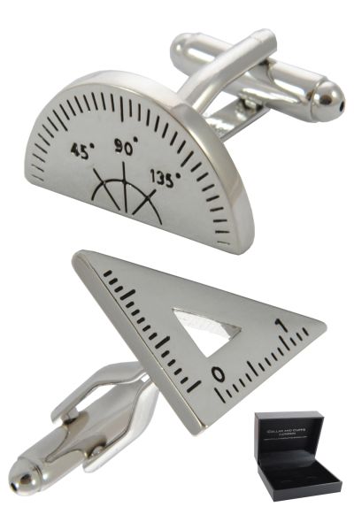 PREMIUM Cufflinks WITH PRESENTATION GIFT BOX - High Quality - Protractor and Set Square Maths Physics - Engineer Teacher - Silver Colour