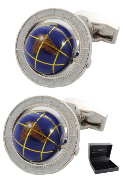 PREMIUM Cufflinks WITH PRESENTATION GIFT BOX - High Quality - Spinning Globe - Travel the World - Round Earth Rotating - Blue Colour