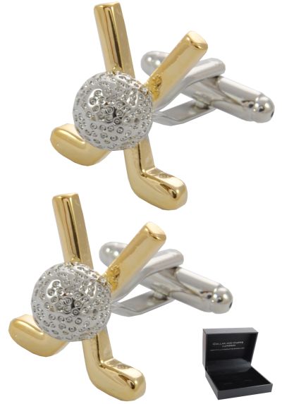 PREMIUM Cufflinks WITH PRESENTATION GIFT BOX - High Quality - 18k Gold Plated Golf Clubs and Ball - Silver and Gold Colours - Links Course Round Clubhouse