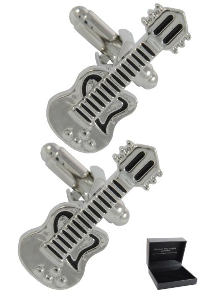 PREMIUM Cufflinks WITH PRESENTATION GIFT BOX - High Quality - Electric Guitar - Solid Brass - Music Musical Teacher Singer Player Band Instrument - Silver and Black Colours