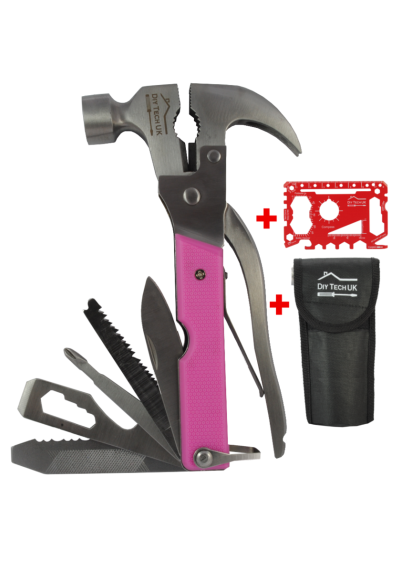DIY TECH UK - 17 in 1 Hammer Multi Tool Pink + FREE 48 in 1 Wallet Tool - EXTRA STRONG High Carbon Stainless Steel - Pliers, Wire Cutter, Bottle Opener, Knife, Saws, File, Screwdrivers & Spanners With Pouch