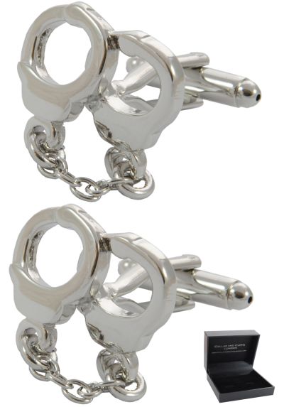 PREMIUM Cufflinks WITH PRESENTATION GIFT BOX - High Quality - Handcuffs and Chain - Crime Police Security Guard - Silver Colour