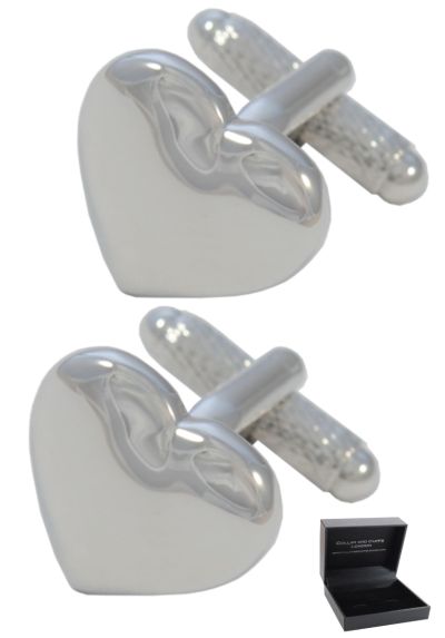 PREMIUM Cufflinks WITH PRESENTATION GIFT BOX - High Quality - Love Heart - Brass - Friendship Romantic Valentine - Silver Colour