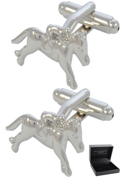 PREMIUM Cufflinks WITH PRESENTATION GIFT BOX - High Quality - Horse Racing - Jockey - Ascot - Silver Colour