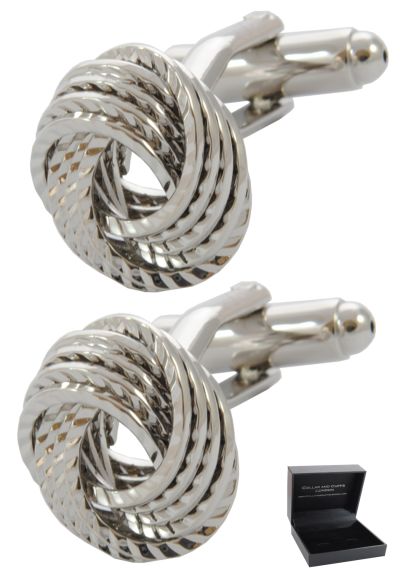PREMIUM Cufflinks WITH PRESENTATION GIFT BOX - High Quality - Four Strand Friendship Knot - Twist Feature Reflects Light Beautifully - Round - Silver Colour