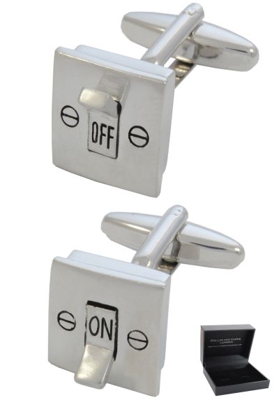 PREMIUM Cufflinks WITH PRESENTATION GIFT BOX - High Quality - Electric Light Switch - On and Off - Electrician - DIY - Silver Colour