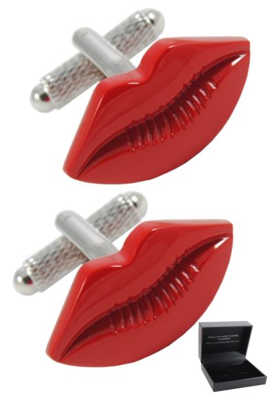 PREMIUM Cufflinks WITH PRESENTATION GIFT BOX - High Quality - Closed Red Lips - Brass - Kiss Love Mouth Fun - Red Colour