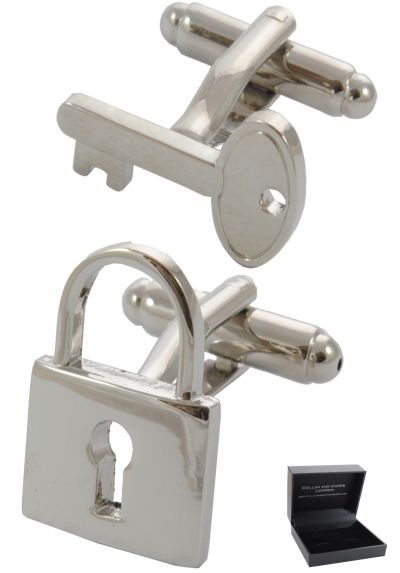 PREMIUM Cufflinks WITH PRESENTATION GIFT BOX - High Quality - Padlock and Key - Lock Locksmith Love - Key to the Door - Silver Colour