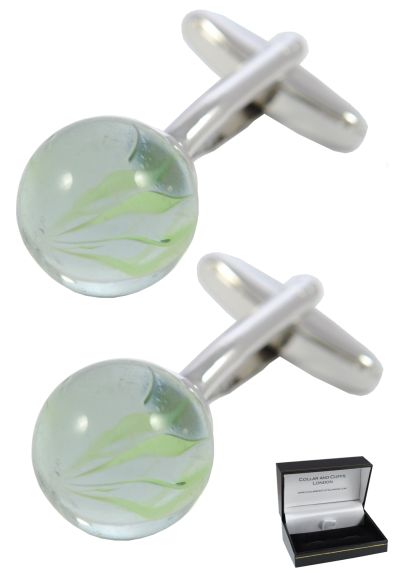 PREMIUM Cufflinks WITH PRESENTATION GIFT BOX - High Quality - Classic Retro Marbles Transparent Cufflinks - Brass Back - Game - Green and Silver Colours