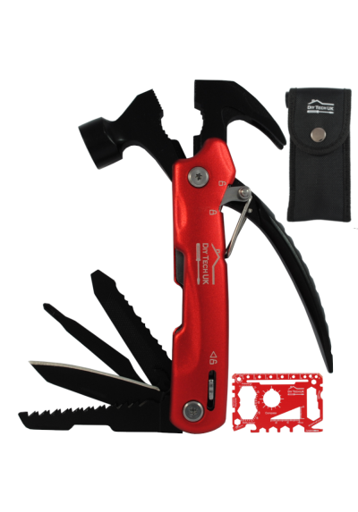 DIY TECH UK - 12 in 1 Mini Hammer Multitool + FREE 48 in 1 Wallet Tool - EXTRA STRONG High Carbon Stainless Steel - Pliers, Wire Cutter, Bottle Opener, Screwdrivers, Nail Remover, Saw - With Pouch