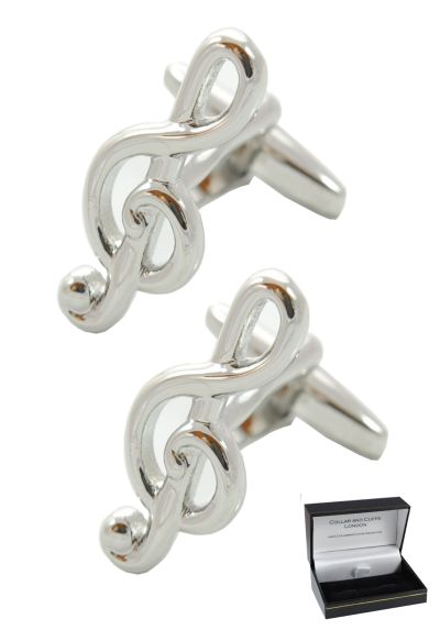 PREMIUM Cufflinks WITH PRESENTATION GIFT BOX - High Quality - Treble Clef Musical - Solid Brass - Music Teacher Singer Player Violin Piano Instrument DJ - Silver Colour