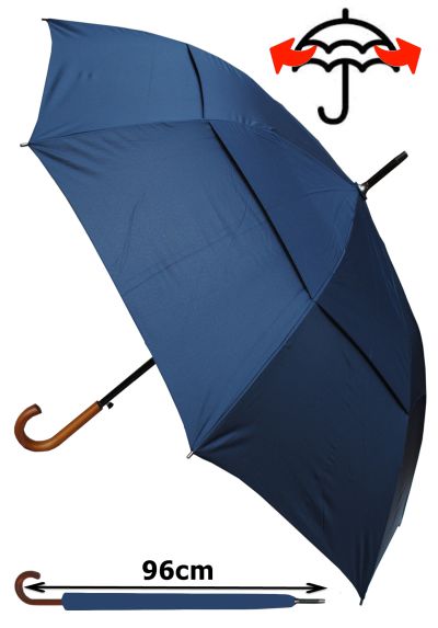 Windproof EXTRA STRONG - StormDefender City Umbrella - Vented Double Canopy - HIGHLY ENGINEERED TO COMBAT INVERSION DAMAGE - Auto Open - Solid Wood Hook Handle - Navy Blue