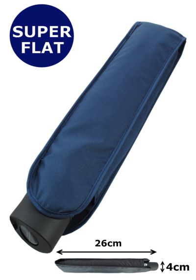 Windproof Handy 4cm Flat Umbrella - Reinforced Fiberglass Frame - Auto Open and Close - Strong Compact Small Slim Folding Waterproof Travel - Navy Blue
