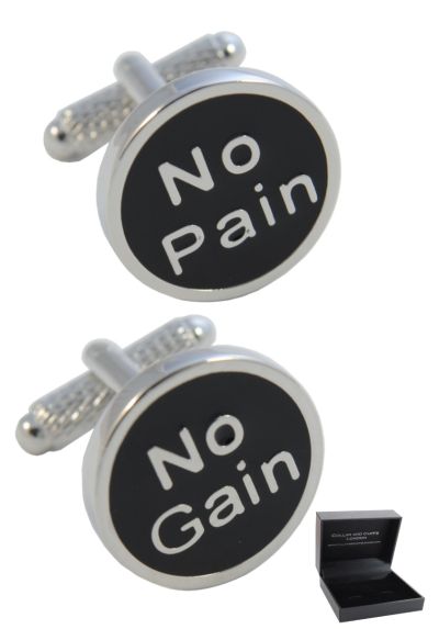 PREMIUM Cufflinks WITH PRESENTATION GIFT BOX - High Quality - No Pain No Gain - Brass - Sport Workout Gym Running - Silver and Black Colours