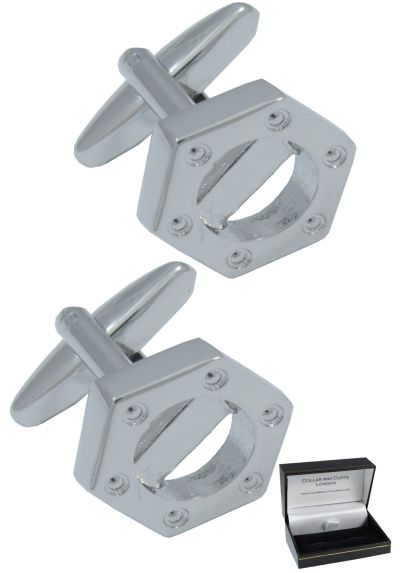 PREMIUM Cufflinks WITH PRESENTATION GIFT BOX - High Quality - Hexagonal Nut - Solid Brass - Builders DIY Architect Engineer Construction - Silver Colour