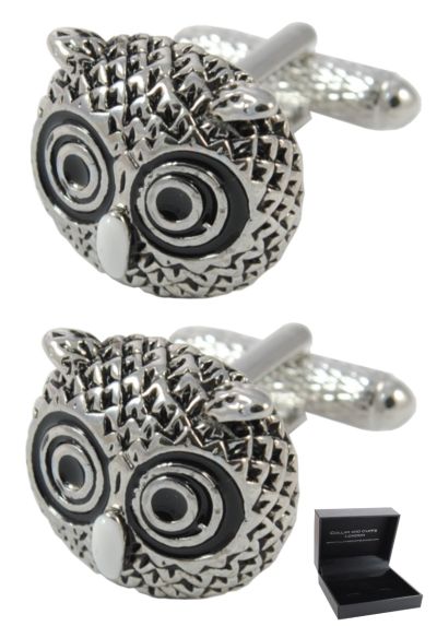 PREMIUM Cufflinks WITH PRESENTATION GIFT BOX - High Quality - Owl Head - Brass - Animal Bird Wisdom - Silver Black and White Colours
