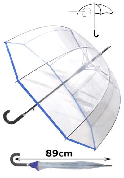 Rare Automatic - Extra Strong Windproof - StormDefender Panoramic - Dome Umbrella - Highly Engineered to Combat Inversion Damage - Fiberglass Ribs - Blue Trim Canopy - Clear