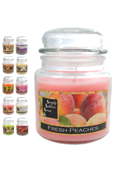 SIMPLY SUBLIME SCENTS - Luxury Scented Candle - Exceptional Fragrance Oil - Medium Glass Jar, Up to 76 Hours - Clever Wax Formula For a Long, Clean and Even Burn - Fresh Peaches - Cotton Wick