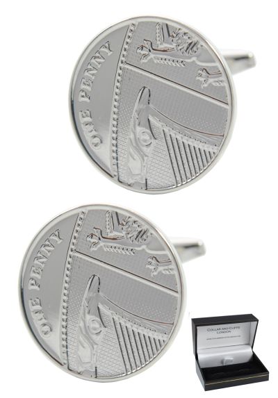 PREMIUM Cufflinks WITH PRESENTATION GIFT BOX - High Quality - Lucky Penny - British 1p Round Tails Coin Classic Design - Silver Colour