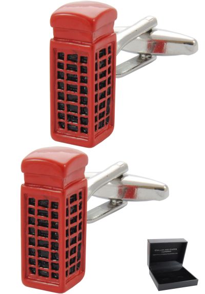 PREMIUM Cufflinks WITH PRESENTATION GIFT BOX - High Quality - London Telephone Box - Phone England British Kiosk Crown - Red Colour
