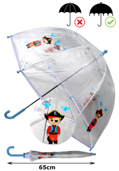 Cool Pirate Dome Kids Umbrella - Strong Windproof Panoramic Design - Fiberglass Ribs - Children Safe Tips - White Trim Canopy - Blue Handle and Tips - Clear