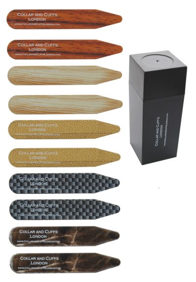 10 Shirt Collar Stiffeners - RARE DESIGNS - 2.35" - High Quality - Silver Brown and Black Colours - With Plastic Storage Box - Five Pairs