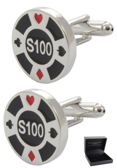 PREMIUM Cufflinks WITH PRESENTATION GIFT BOX - High Quality - Casino Chip - Games Betting Poker Token Disc Round - Silver Black and Red Colours