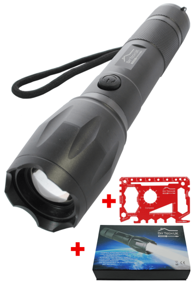 DIY TECH UK - IncrediBeam Pro RECHARGEABLE 17cm Pocket Torch + FREE 48 IN 1 WALLET TOOL - Latest Super-Bright LED - 300m Long Range With Battery - Zoomable - 5 Functions - Aerospace Grade Aluminium