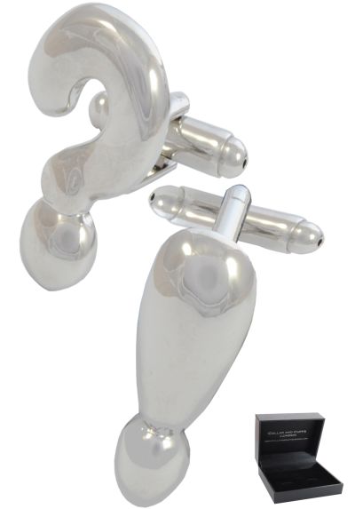 PREMIUM Cufflinks WITH PRESENTATION GIFT BOX - High Quality - Question Mark and Exclamation Mark - English Grammar Teacher - Silver Colour