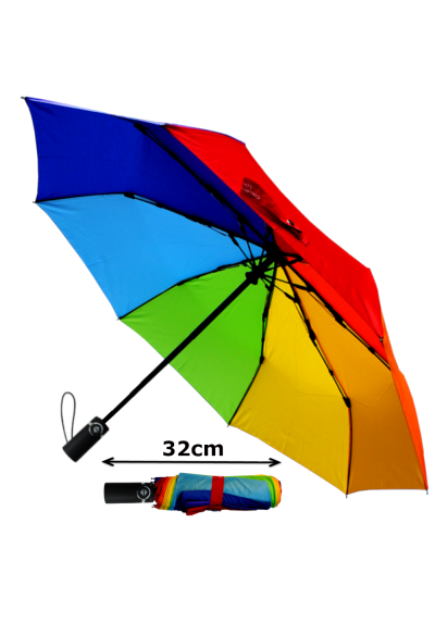 Windproof StormDefender Rainbow Compact Umbrella - Small Yet Strong - Fiberglass Frame Folding Umbrella - Auto Open and Close - Ergonomic Handle - Multicoloured Canopy