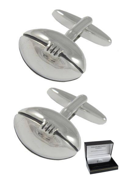 PREMIUM Cufflinks WITH PRESENTATION GIFT BOX - High Quality - Rugby Ball - Solid Brass - Sports Fans League Union Pitch Score Try - Silver & Black Colours