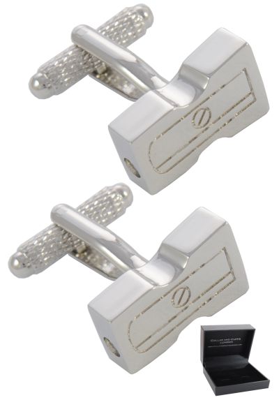 PREMIUM Cufflinks WITH PRESENTATION GIFT BOX - High Quality - Pencil Sharpener - Solid Brass - School Teacher Craft Art Artist Sketch Architect Engineer - Silver Colour