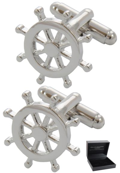PREMIUM Cufflinks WITH PRESENTATION GIFT BOX - High Quality - Ship's Wheel - Boat Sailing Sailor Navy Naval Nautical Royal Yacht Round - Silver Colour