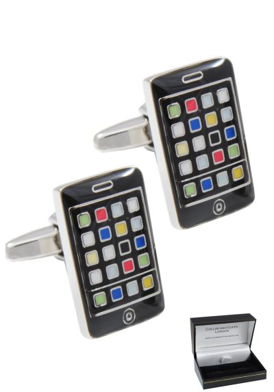 PREMIUM Cufflinks WITH PRESENTATION GIFT BOX - High Quality - Smartphone - Solid Brass - Phone Mobile Modern Rectangle - Black Colour