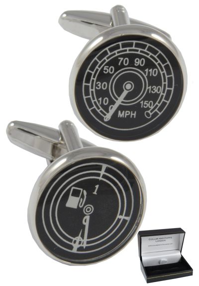 PREMIUM Cufflinks WITH PRESENTATION GIFT BOX - High Quality - Speedometer and Petrol Gauge - Solid Brass - Car Fuel Tank - Silver, Black and White