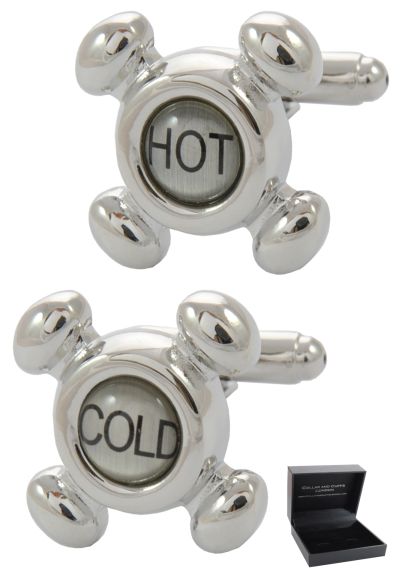 PREMIUM Cufflinks WITH PRESENTATION GIFT BOX - High Quality - Hot and Cold Taps - Plumber DIY Plumbing Construction Faucet Bathroom Water - Silver and Black Colours