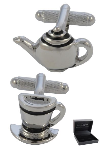 PREMIUM Cufflinks WITH PRESENTATION GIFT BOX - High Quality - Teapot Cup and Saucer - Solid Brass - Afternoon Tea Party Brew Cuppa Pot Food Drink - Silver and Black Colours
