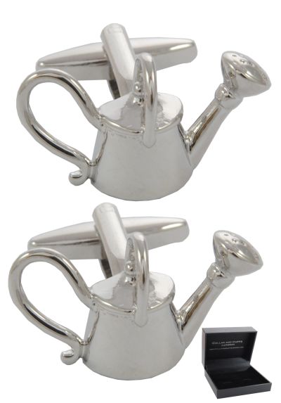 PREMIUM Cufflinks WITH PRESENTATION GIFT BOX - High Quality - Watering Can - Garden Gardening Gardener Horticultural Green Fingers - Silver Colour