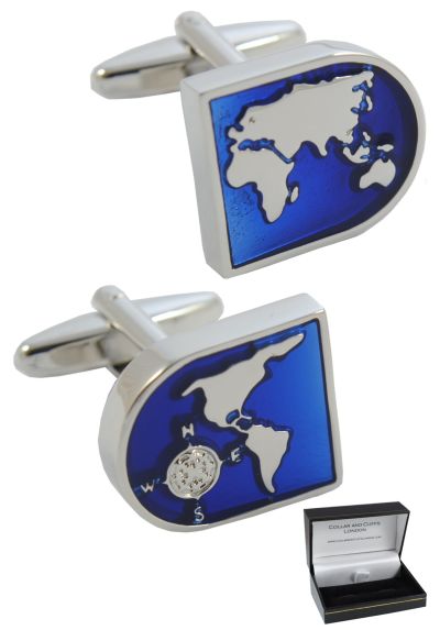 PREMIUM Cufflinks WITH PRESENTATION GIFT BOX - High Quality - World Map - Brass - Blue and Silver Coloured Earth Face - Travel The Globe - Silver Coloured Exterior
