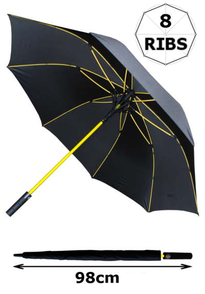 60mph Windproof Extra Strong - StormFighter Jumbo Umbrella - Yellow Reinforced Fiberglass Frame - For 1 or 2 Persons - Auto Open - Non Slip Handle - Black