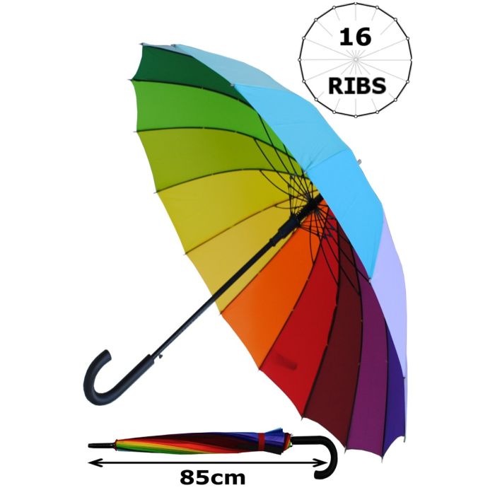 Straight Auto Umbrella Rainbow Canopy COLLAR AND CUFFS LONDON Windproof 60MPH EXTRA STRONG 16 Ribs For SUPER-STRENGTH 