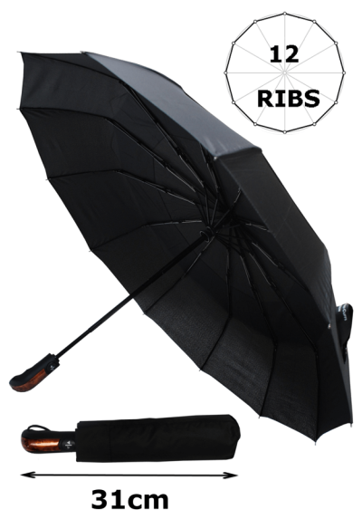 Wooden Hook Handle Solid Wood Vented Double Canopy COLLAR AND CUFFS LONDON Compact 80kph StormDefender Fiberglass Auto Open & Close Black 9 Rib Strong Reinforced Windproof Frame Umbrella 